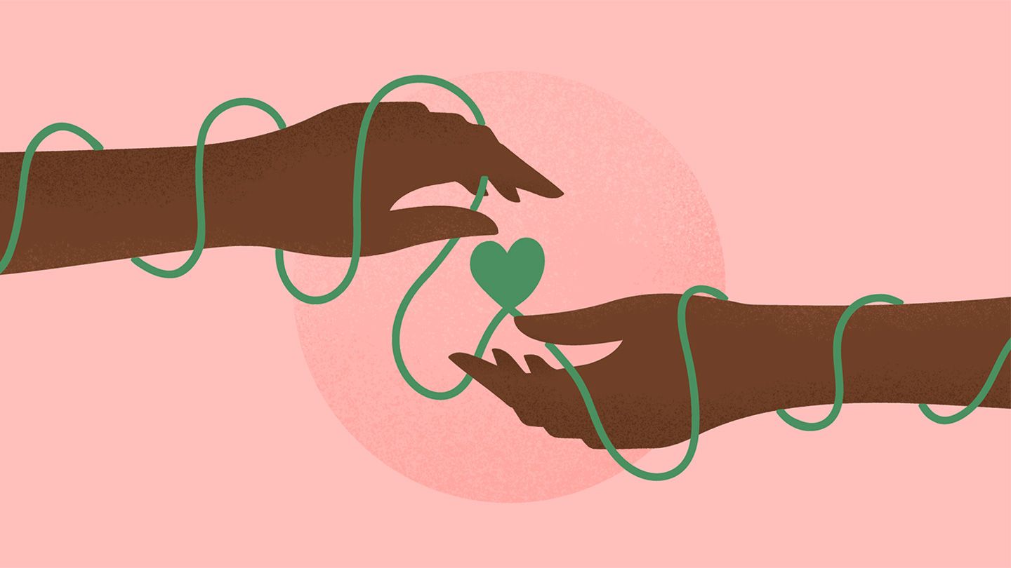 two hands reaching for heart shape with strings from heart wrapping around hands and forearms