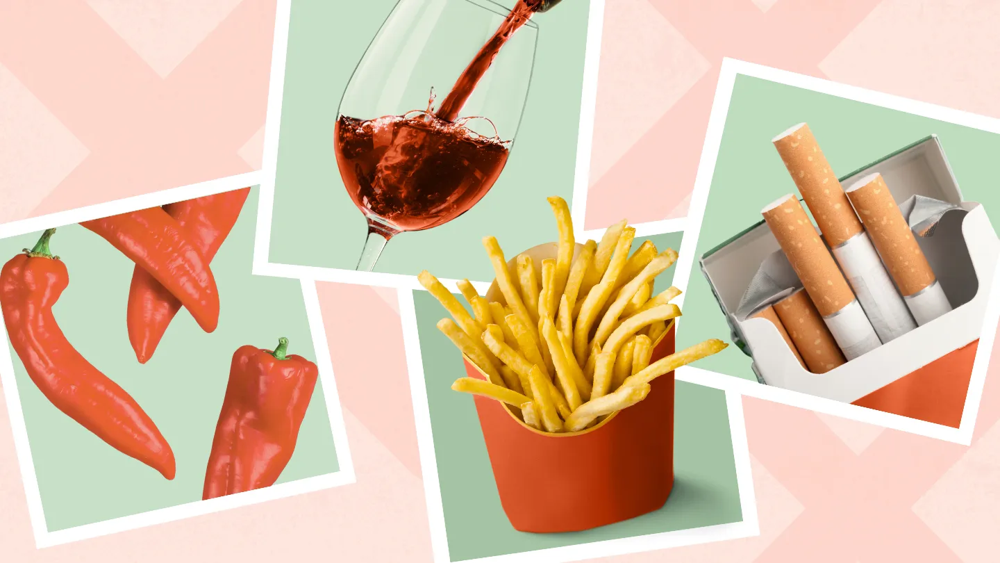 chili peppers, red wine, french fries, cigarettes are all things to avoid for heartburn