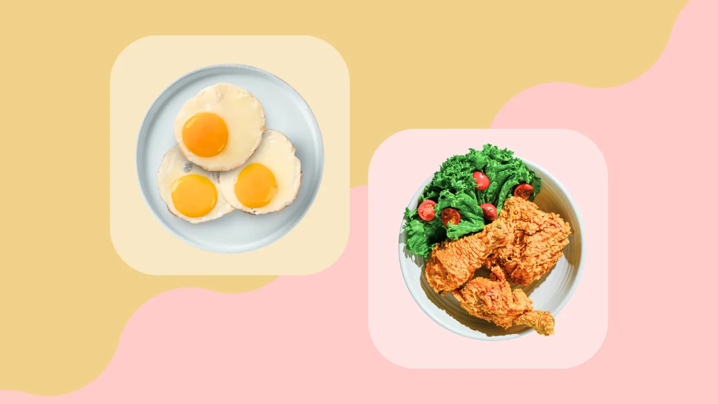 eggs on a plate, fried chicken with greens on a plate