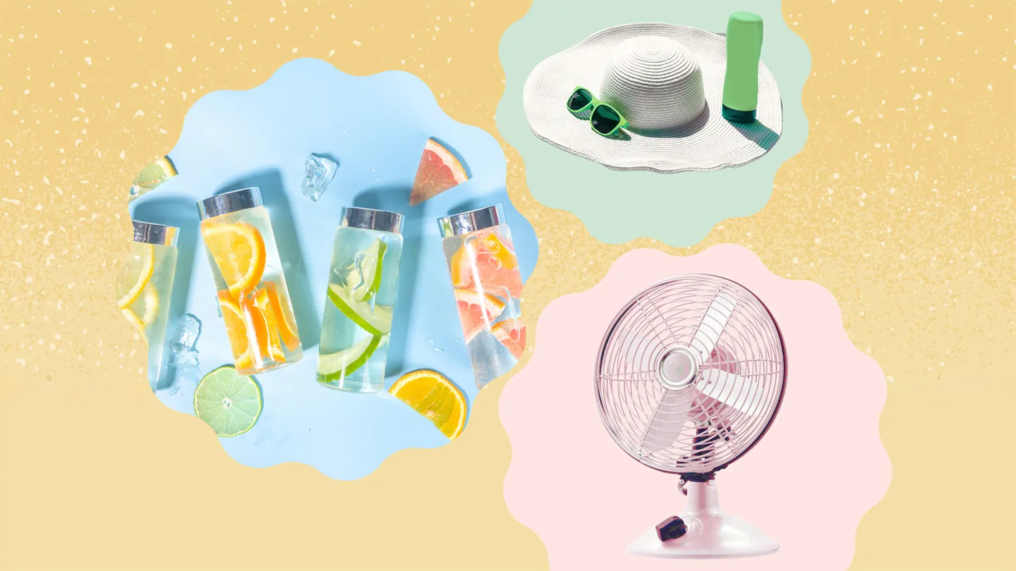 water bottles filled with cold water and hydrating fruit slices like oranges a pink fan a large sunhat sunscreen and sunglasses for sun protection