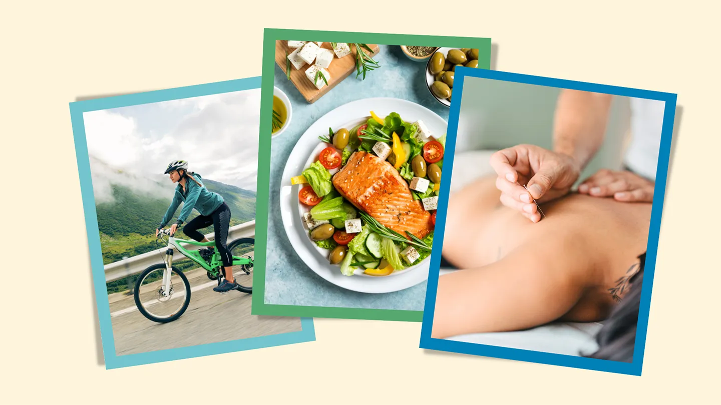 a collage of three images: a woman cycling, a salmon salad, and a woman getting acupuncture