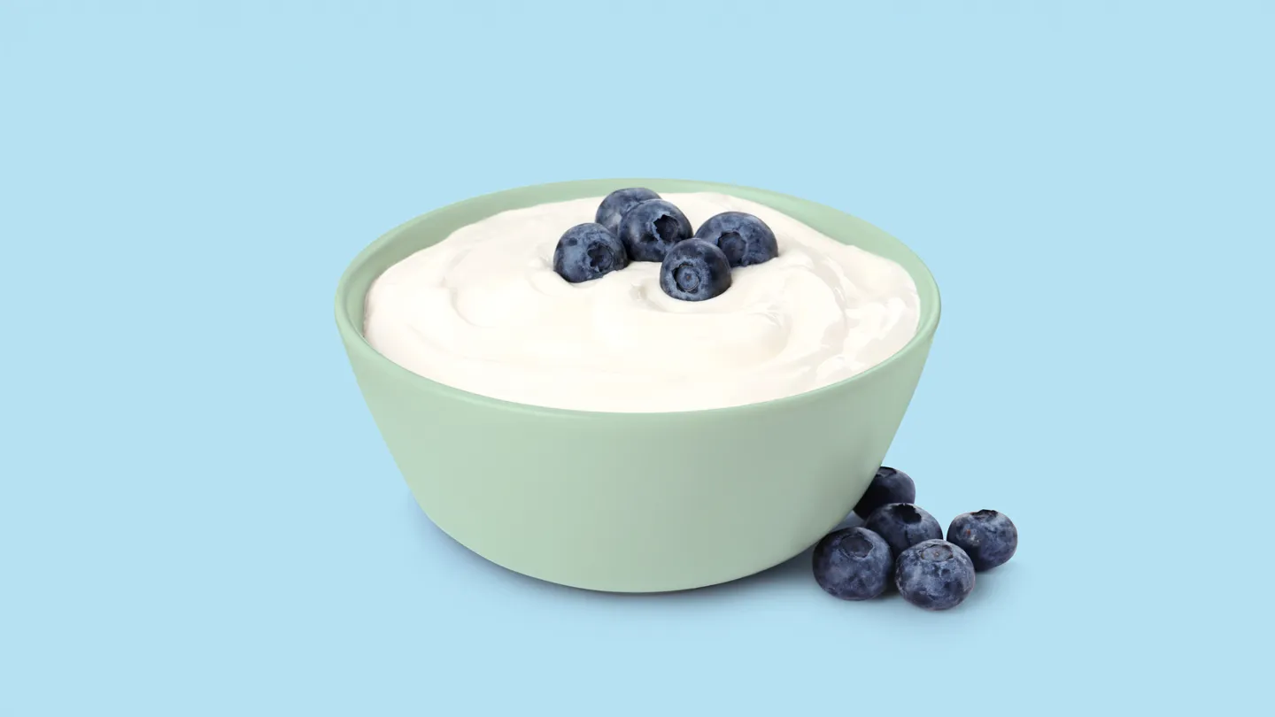 bowl of plain yogurt and blueberries
