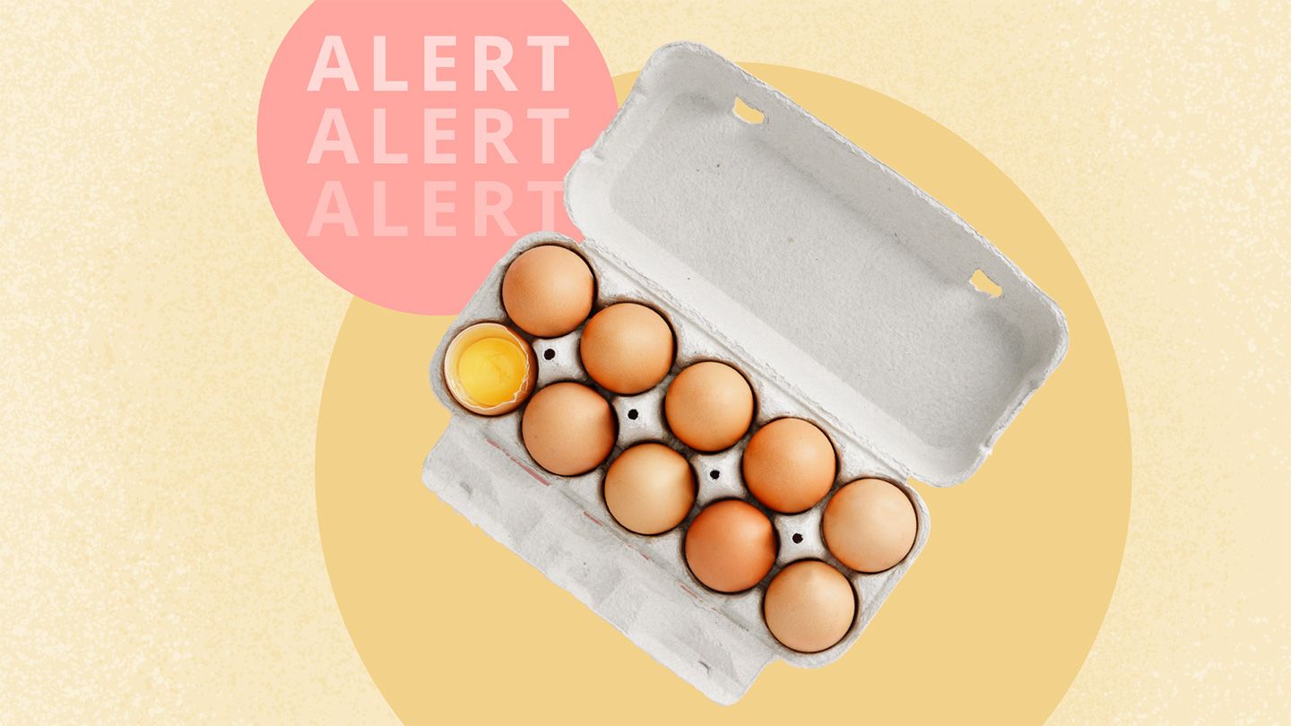 egg carton open with eggs one cracked open on yellow background yellow circle red coral word wlert repeated three times
