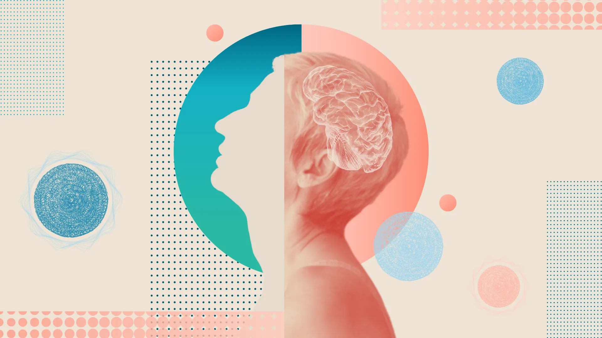 photo collage of woman with no face and brain, colorful circles and geometric shape backgrounds