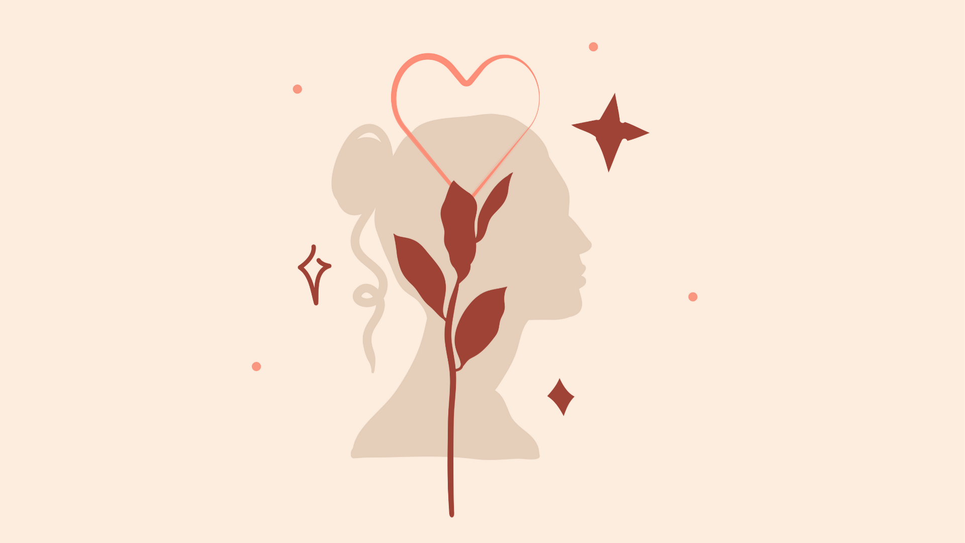 silhouette of woman's profile surrounded by stars, branch and heart centered
