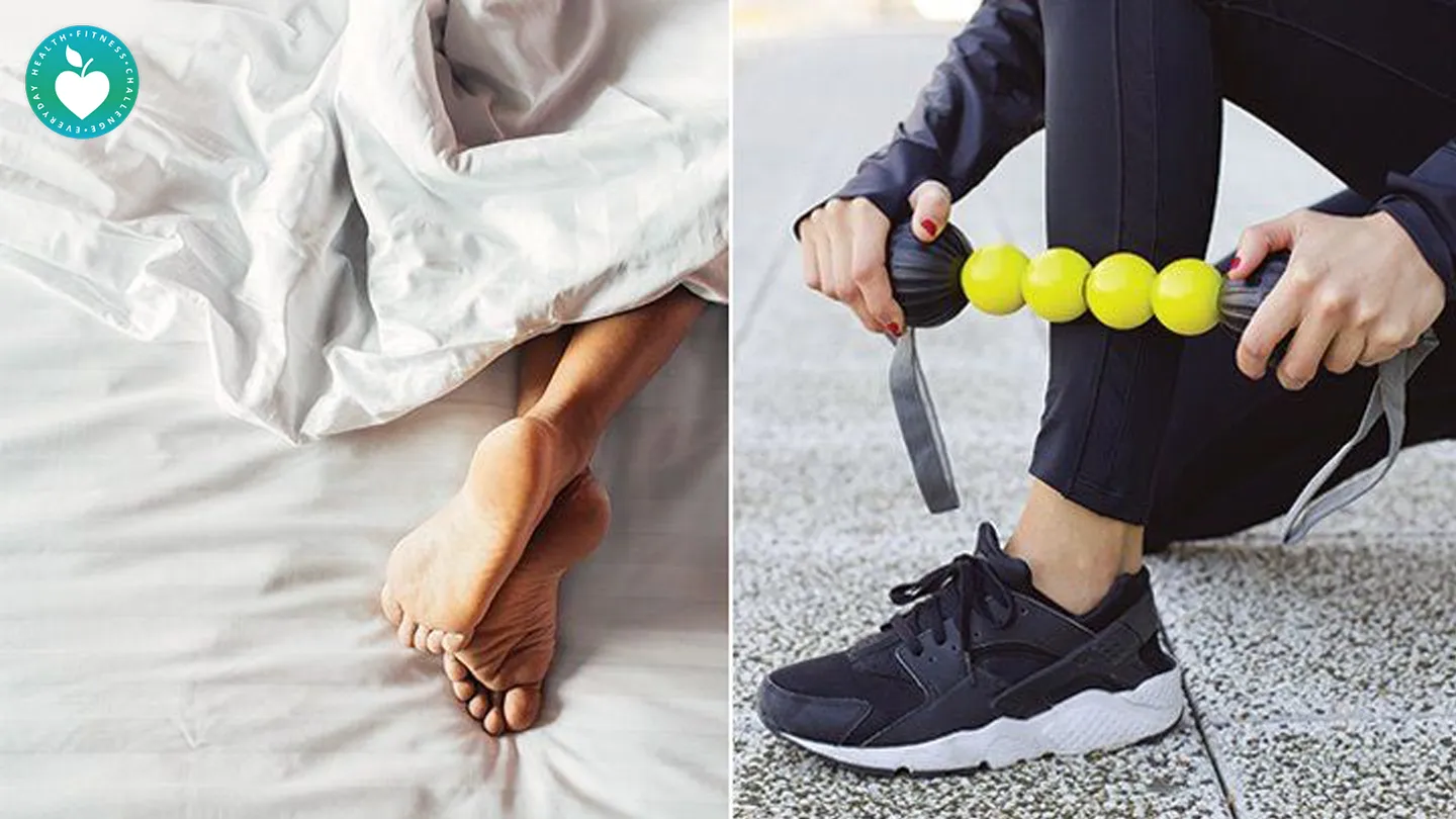 feet in bed and muscle roller