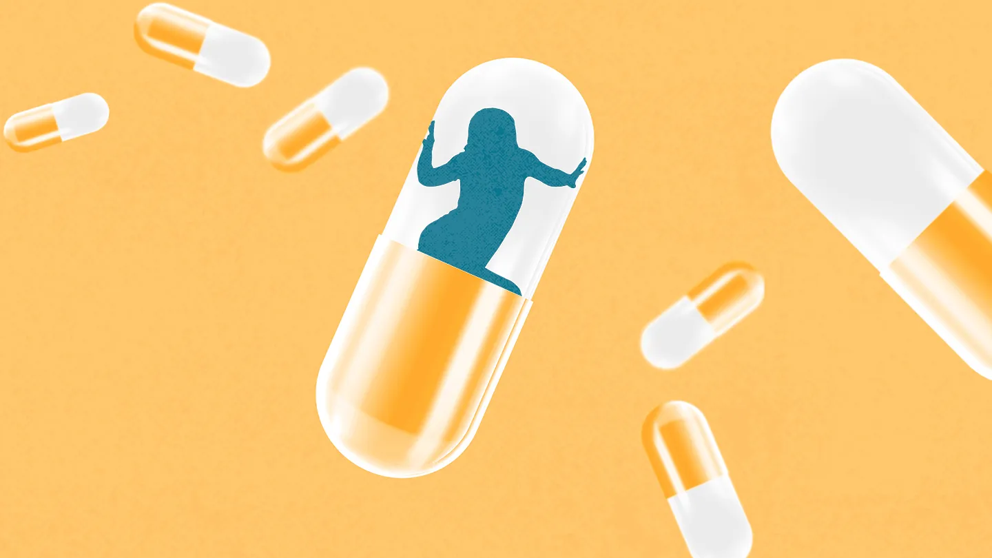 woman silhouette stuck inside pill capsule