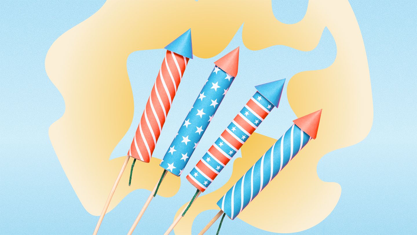 four patriotic light red and blue fireworks in front of sky blue gradient and yellow organic burst shape behind