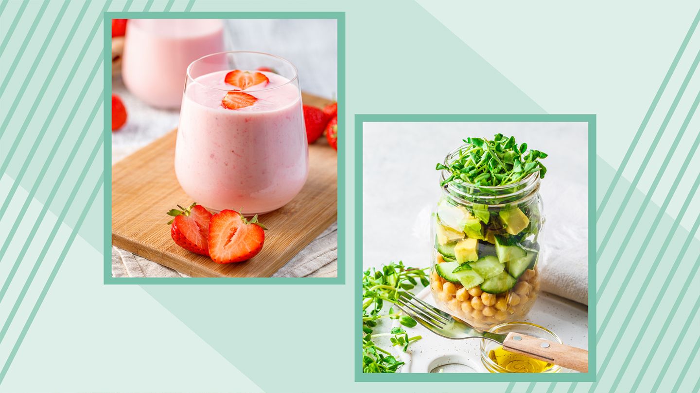 smoothie and mason jar salad on a teal background