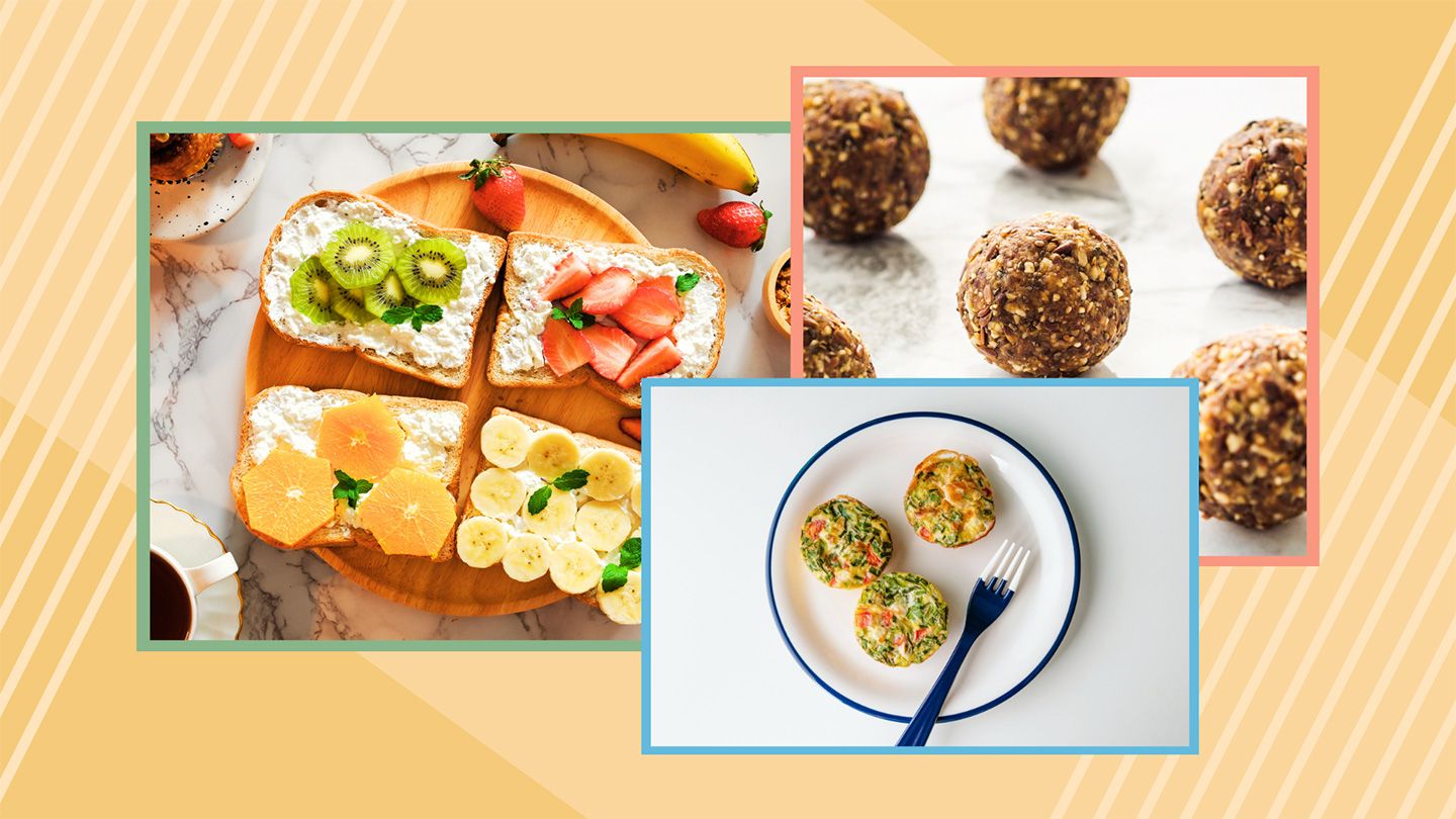 Snacking-nut butter balls baked egg cups cottage cheese fruit on whole grain toast