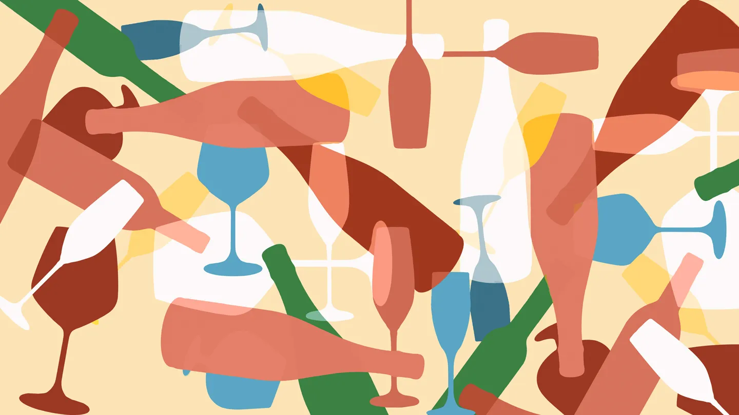 Wine bottles and glasses fly and float in colorful illustration