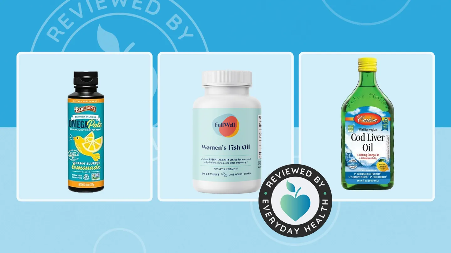 Three types and brands of Omega-3 Supplements against blue background