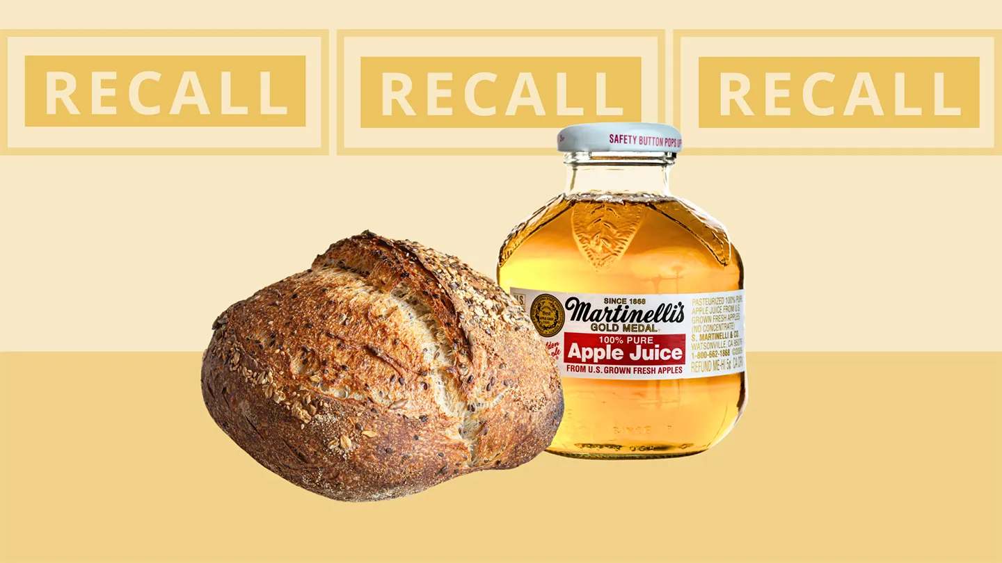 martinelli apple juice and a crusty bakery bread multigrain sourdough loaf crest hills bakery containing glass shards and toxins yellow fda recall banner behind