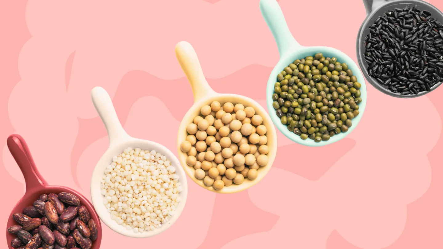 variety of legumes in colorful cups on top of abstract illustration of gut