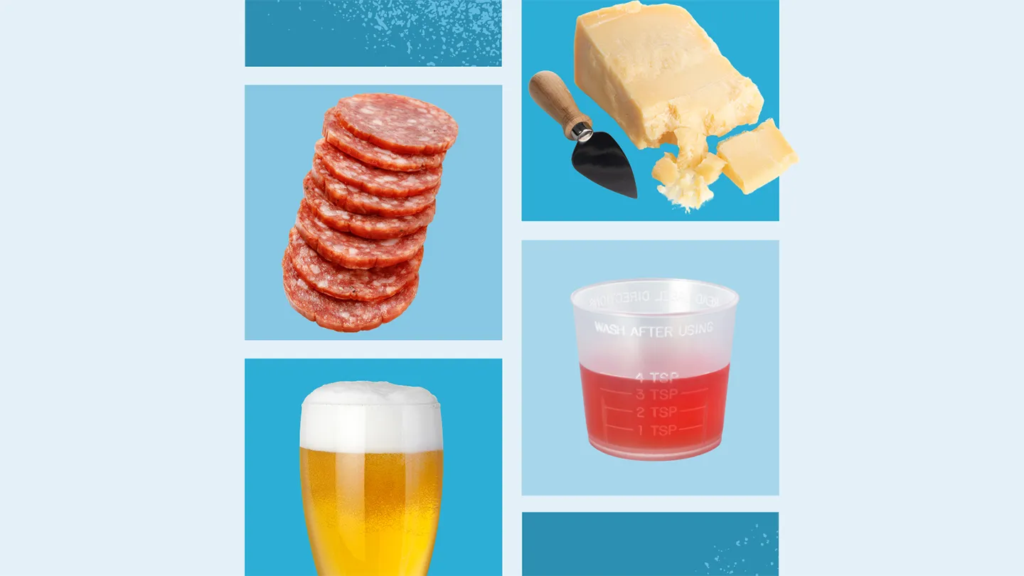 cured meat, aged cheese, alcohol, and cough medicine