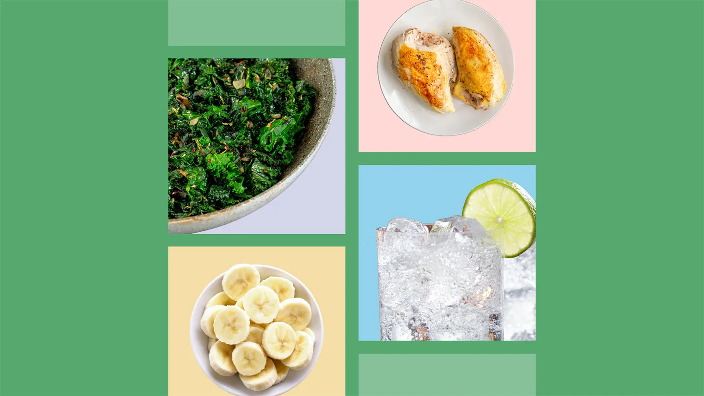 bowl of sautéed kale plate of grilled chicken bowl of bananas glasses of plain seltzer