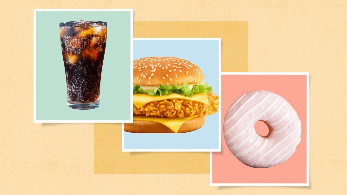 collage of soda hamburger and doughnut