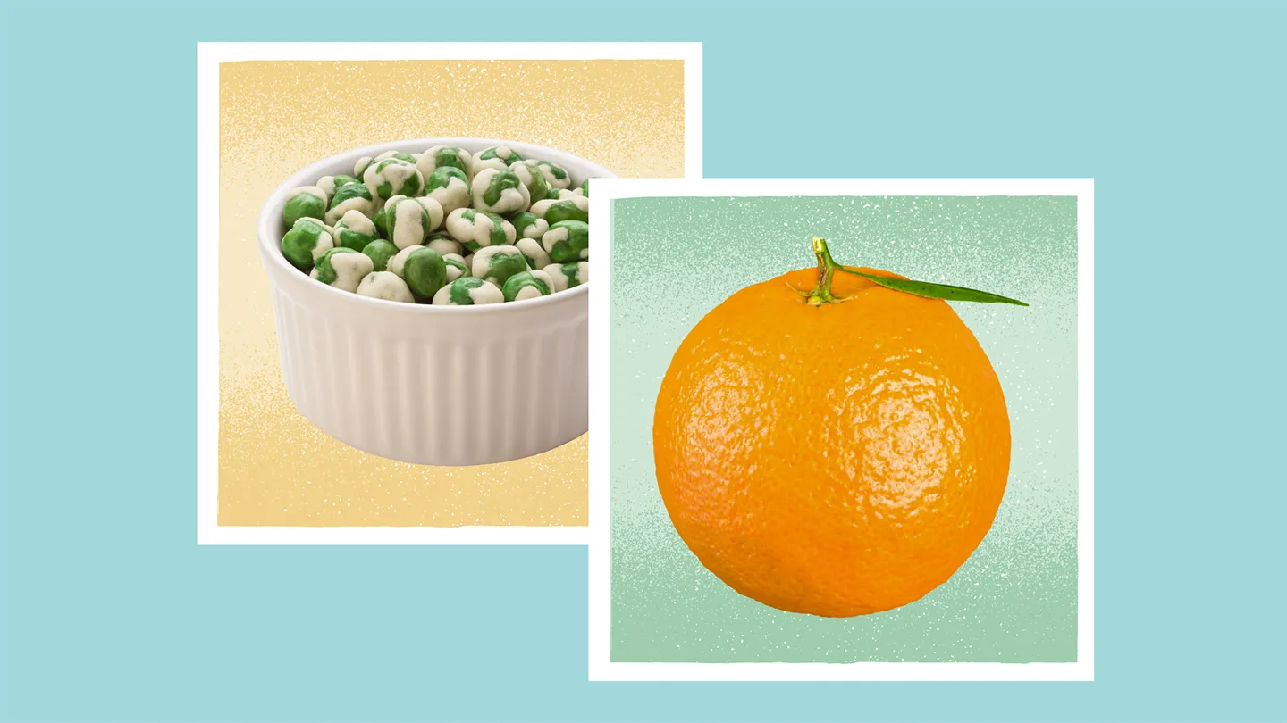 wasabi peas and an orange