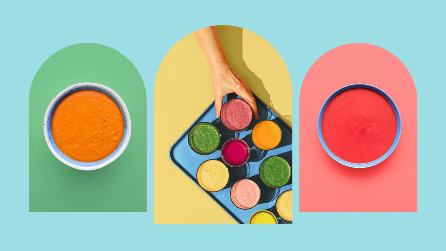 bowl of red pepper squash soup hand reaching for various fruit and vegetable smoothies bowl of tomato soup