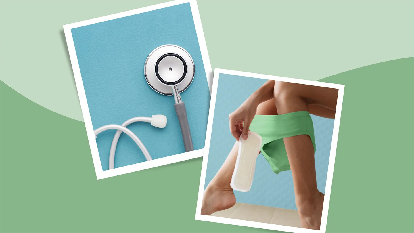 doctor stethoscope and woman holding pad underwear