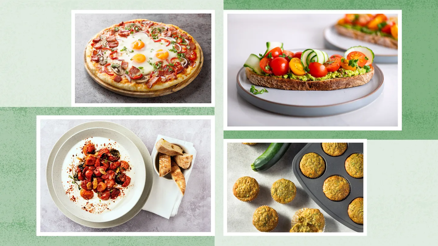 four photos showing breakfast recipes with vegetables