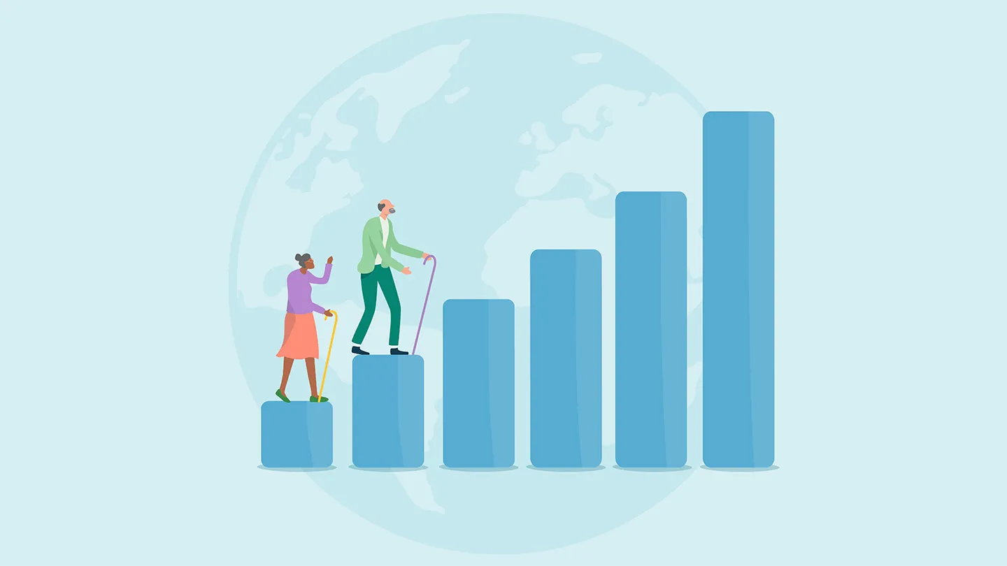 two older people stepping up growing columns globe silhouette