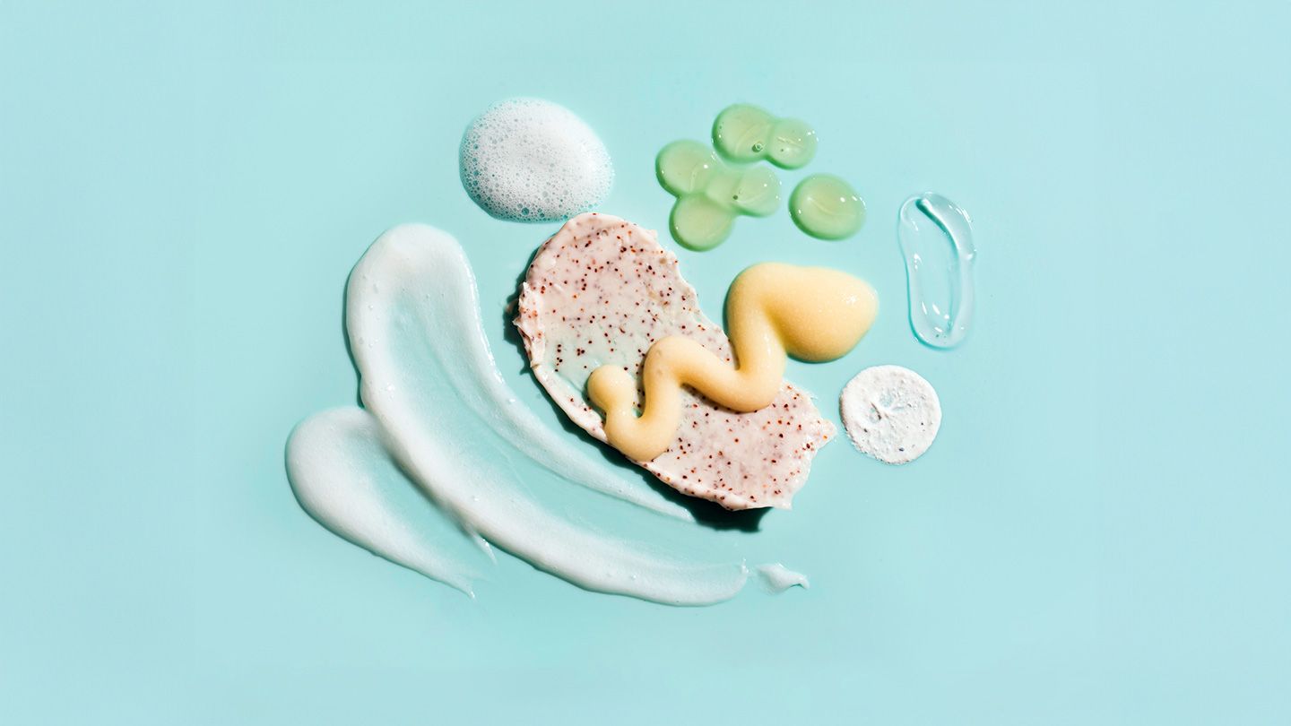 different type of colorful skin care exfoliant creams lathers gels