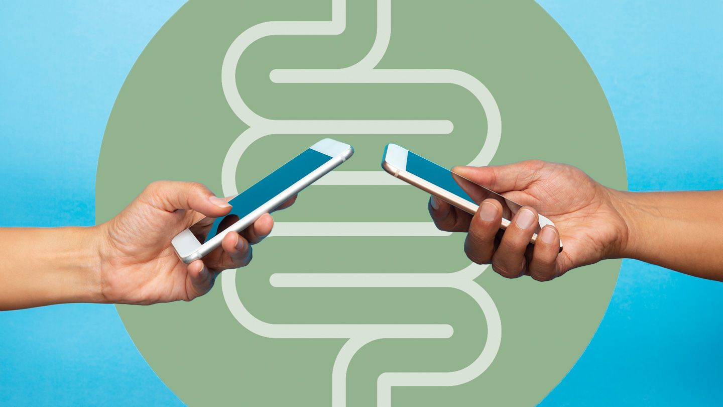 two hands with phones gut intestines