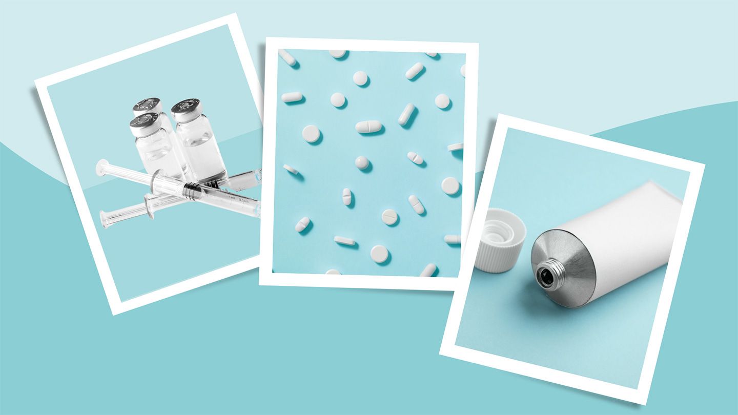 needles and vials injectable medication corticosteroid pills and ointment cream tube