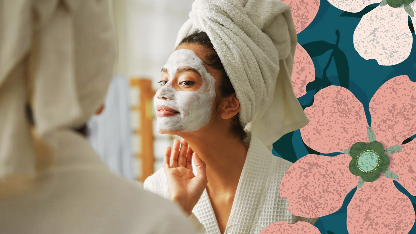 young woman beauty mask mirror bathroom