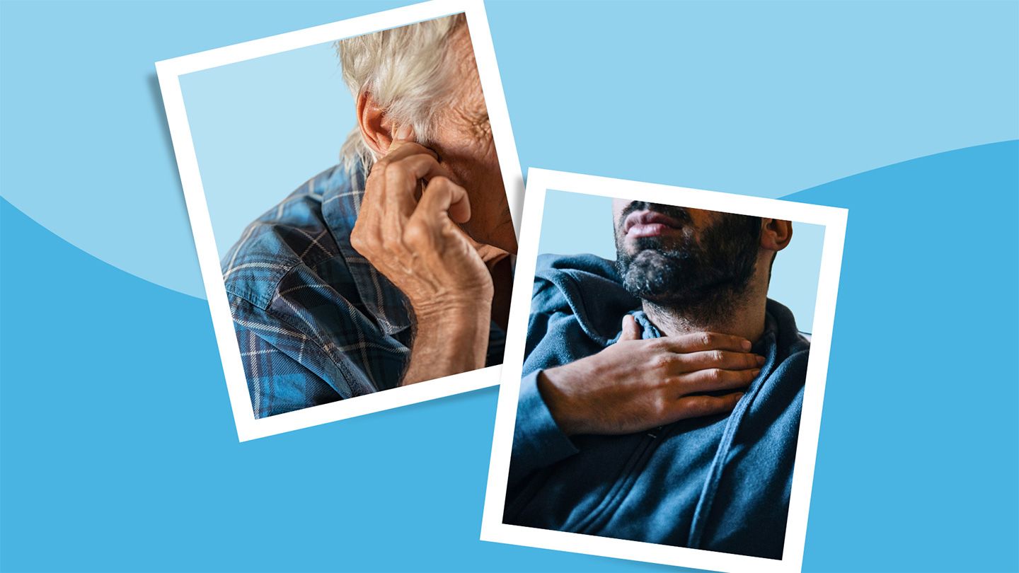 older man touching side of ear earache man holding hand up towards sore throat