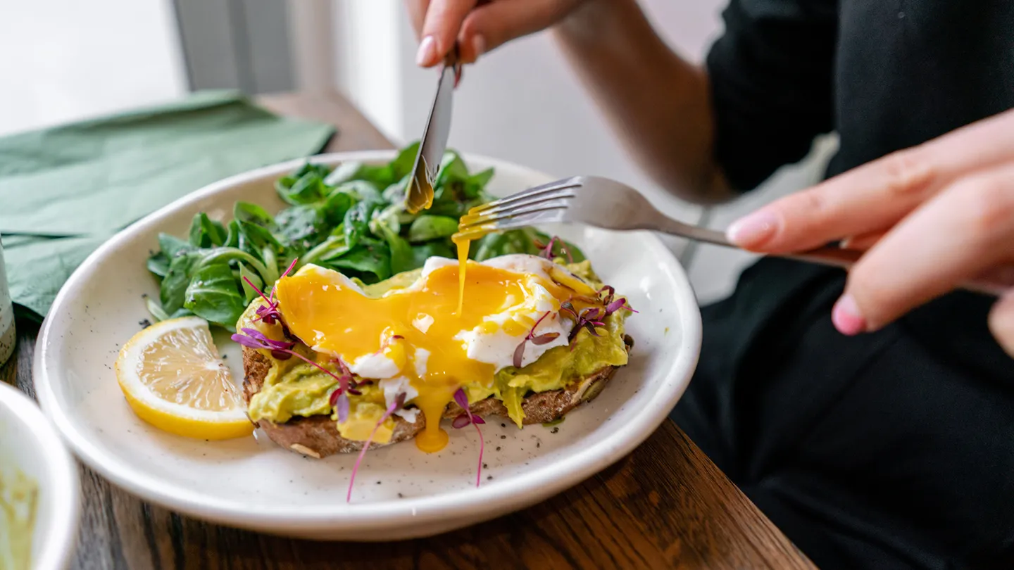 egg yolk, avocado toast, spinach