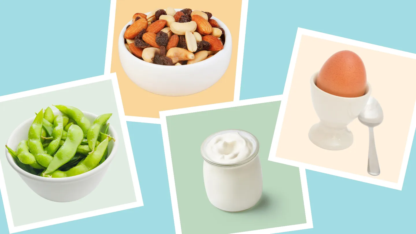 edamame, trail mix, greek yogurt and boiled egg collage