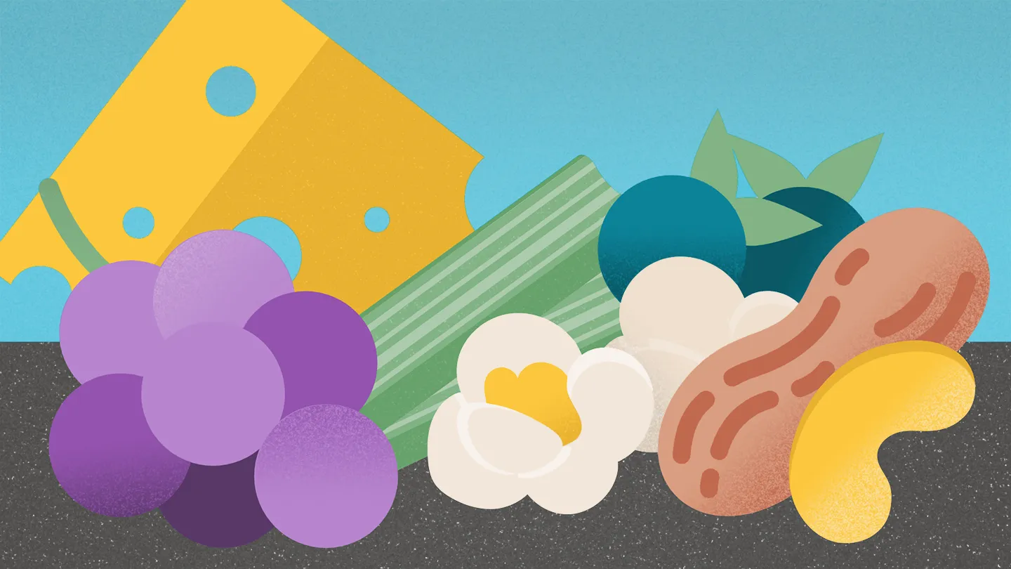 illustration of cheese grapes celery popcorn peanut cashew blueberries