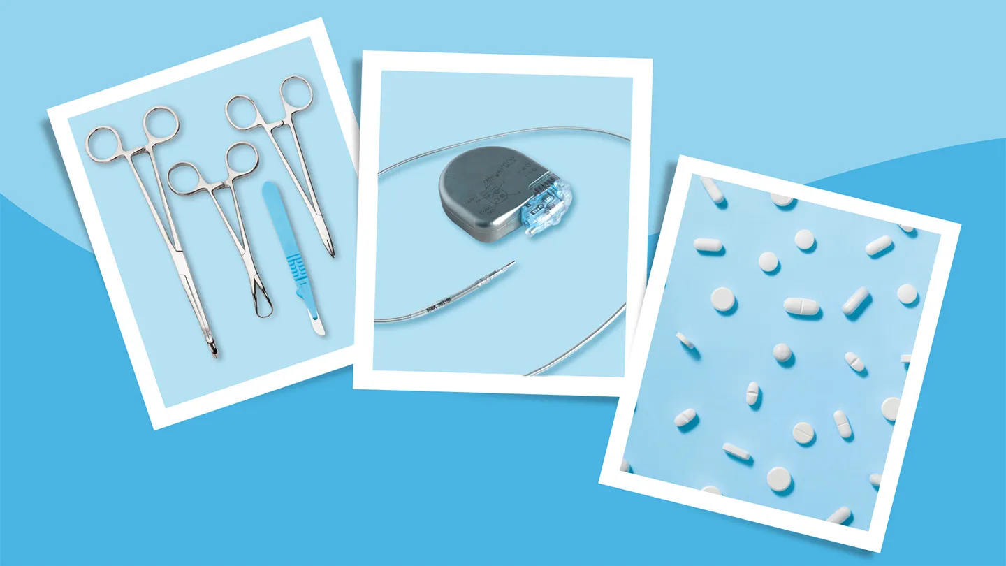 surgical tools a pacemaker and assorted pill medications like statins