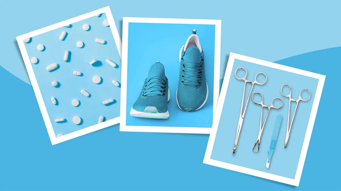 different white pills on blue blue running shoes surgical tools