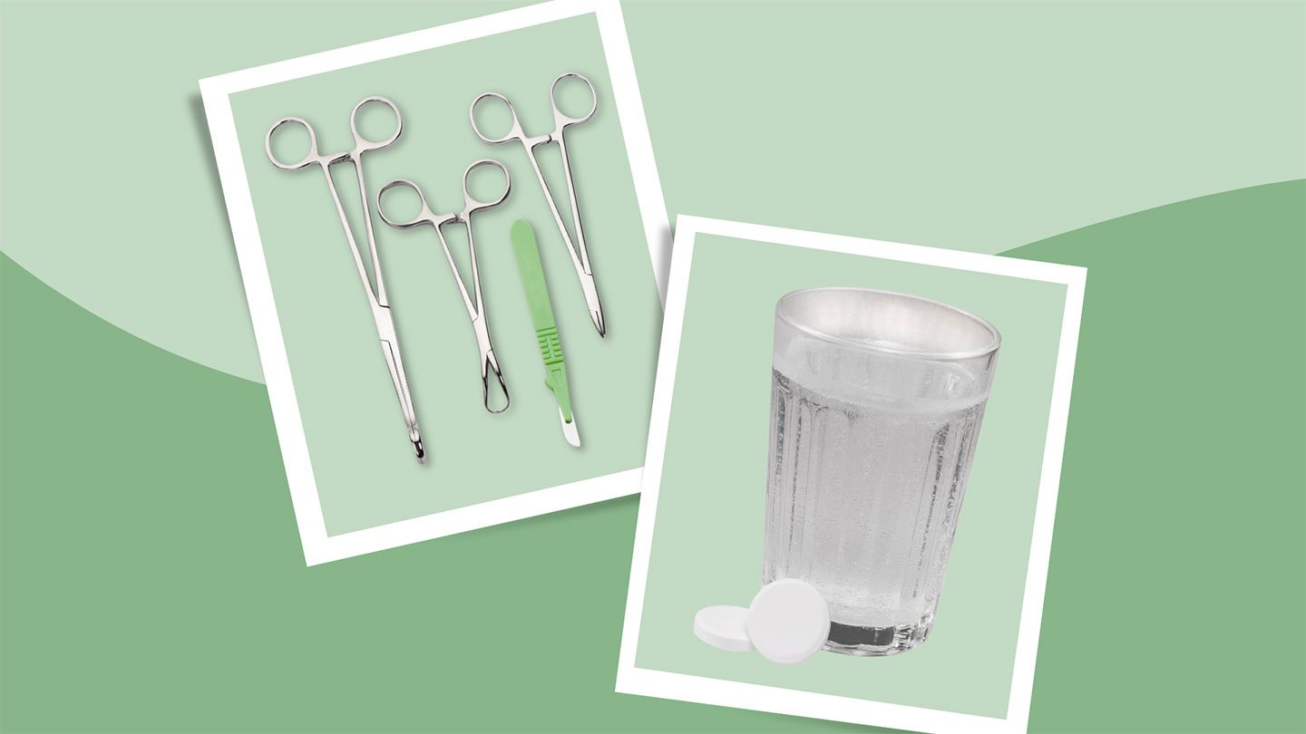 surgical tools, antacids and glass of water