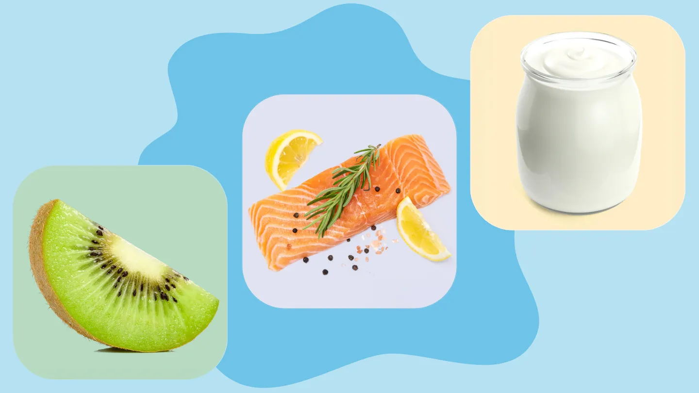 Kiwi slice, raw salmon, cup of plain yogurt