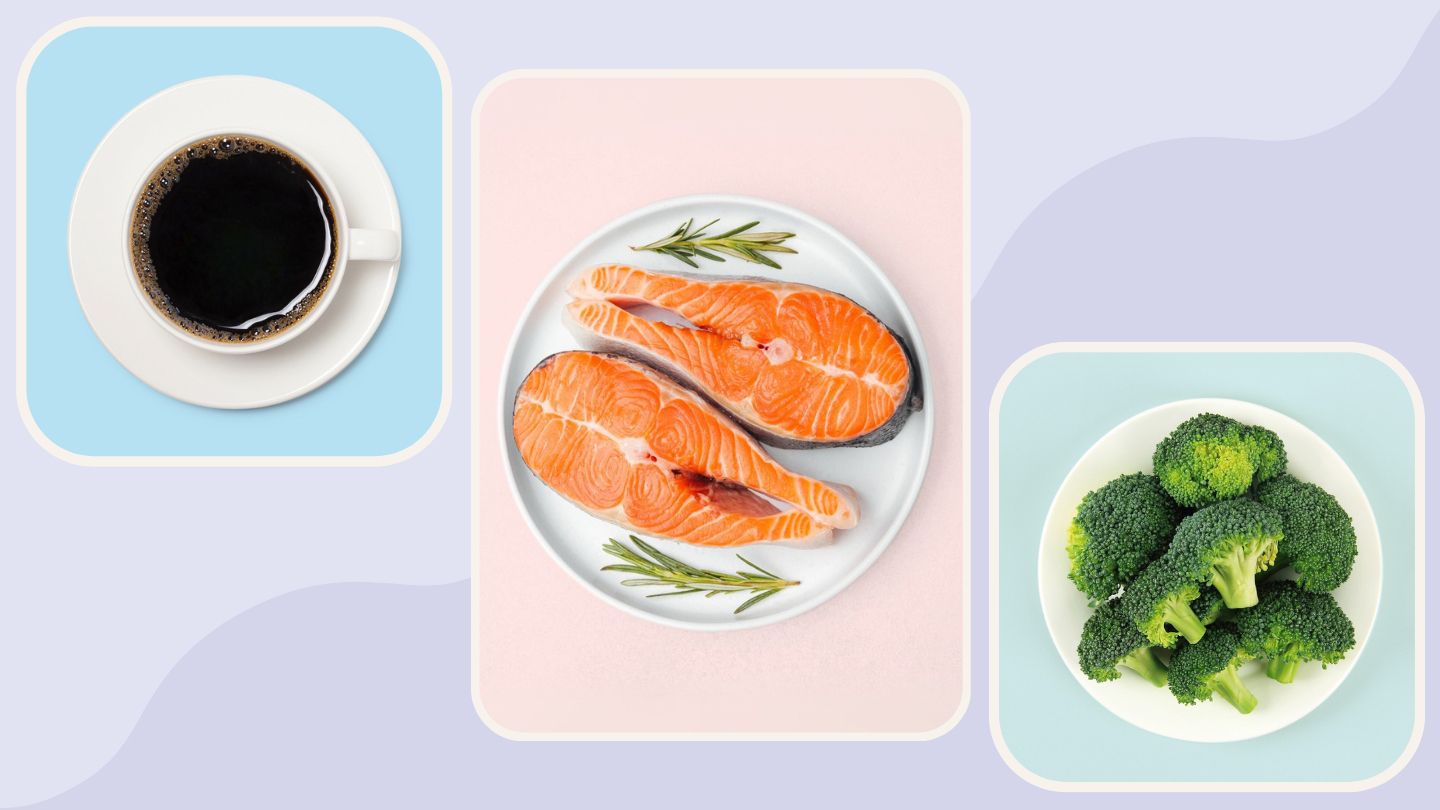 black coffee, raw salmon, broccoli