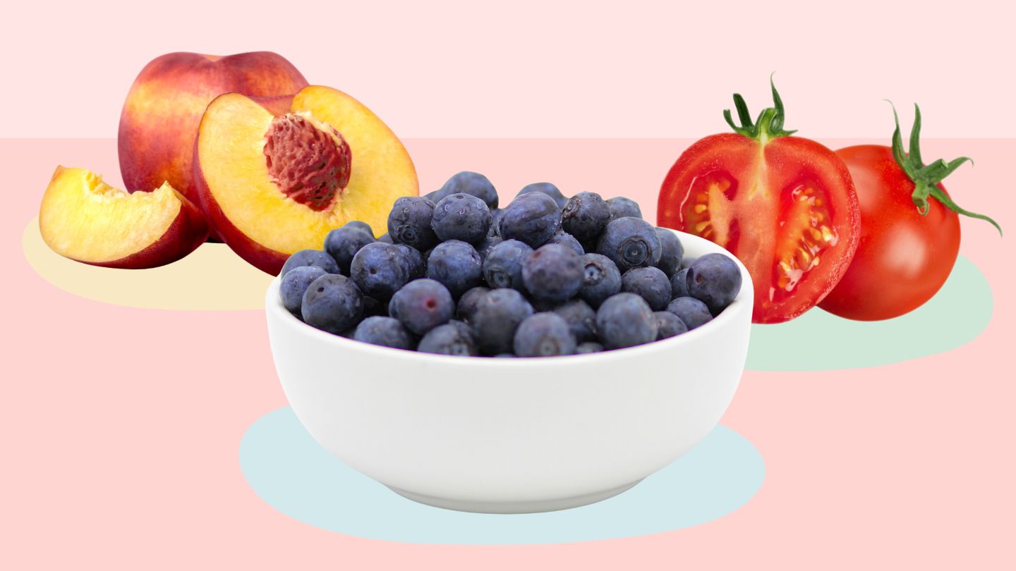 peaches, blueberries, tomatoes