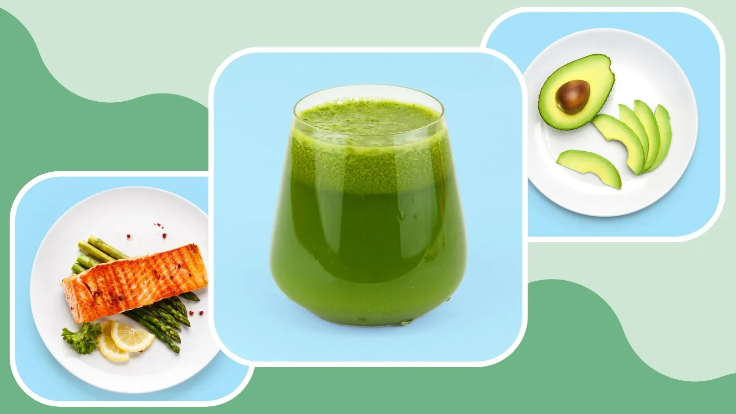 grilled salmon, vegetable juice and sliced avocado