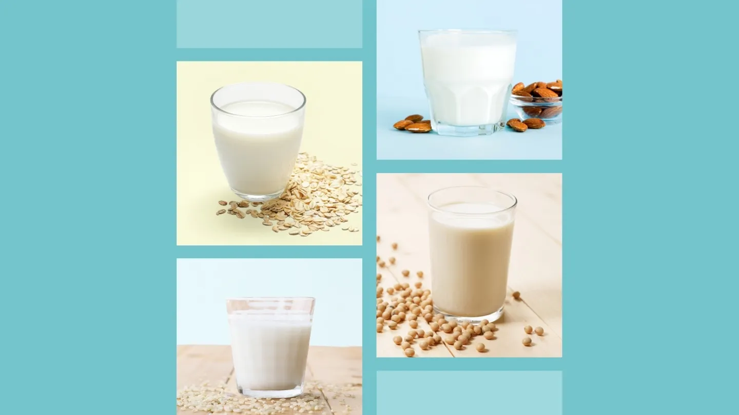 rice milk, almond milk, soy milk and oat milk in a simple background colors