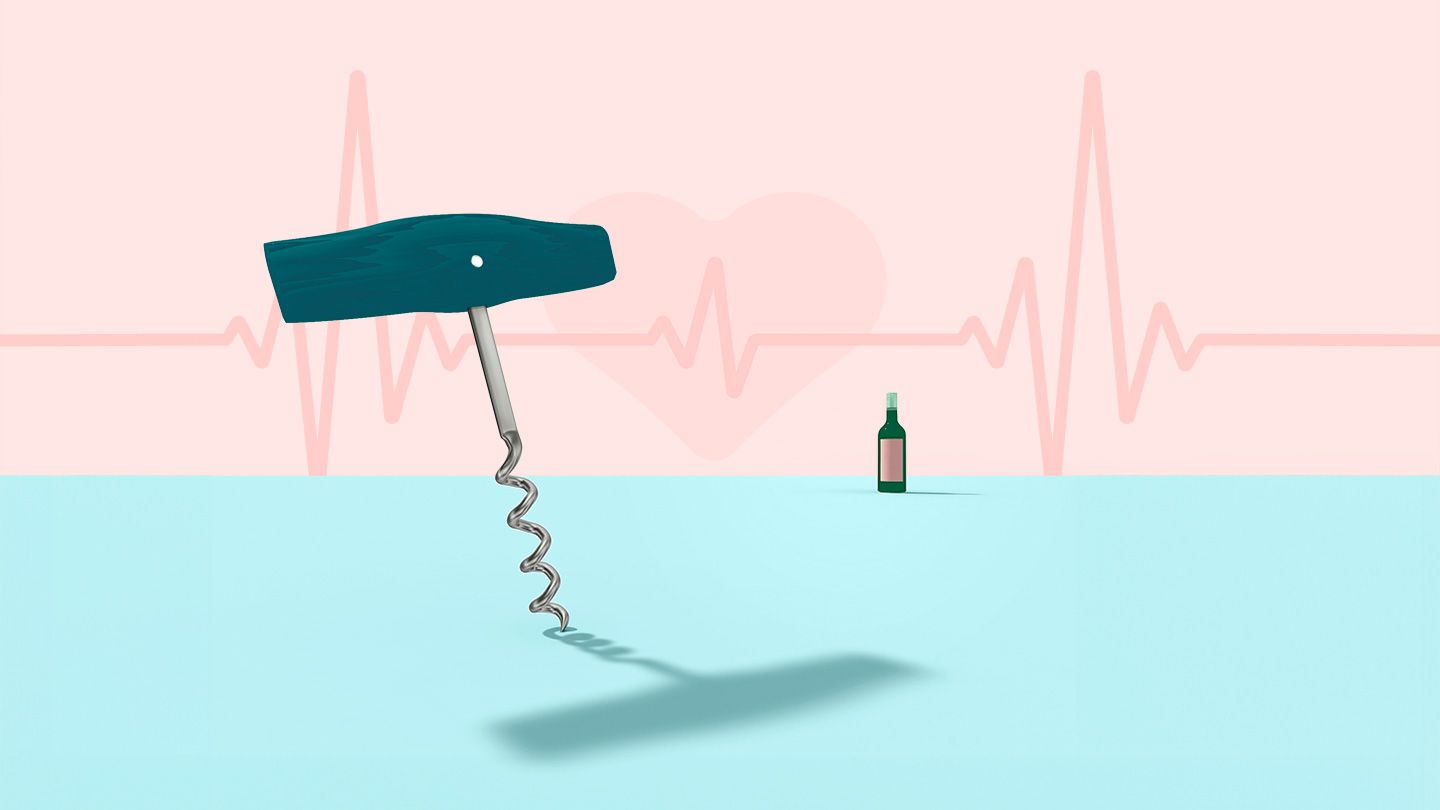 a large wine opener screw with shadow in front of small wine bottle far behind in front of cardiograph line and simple heart shape