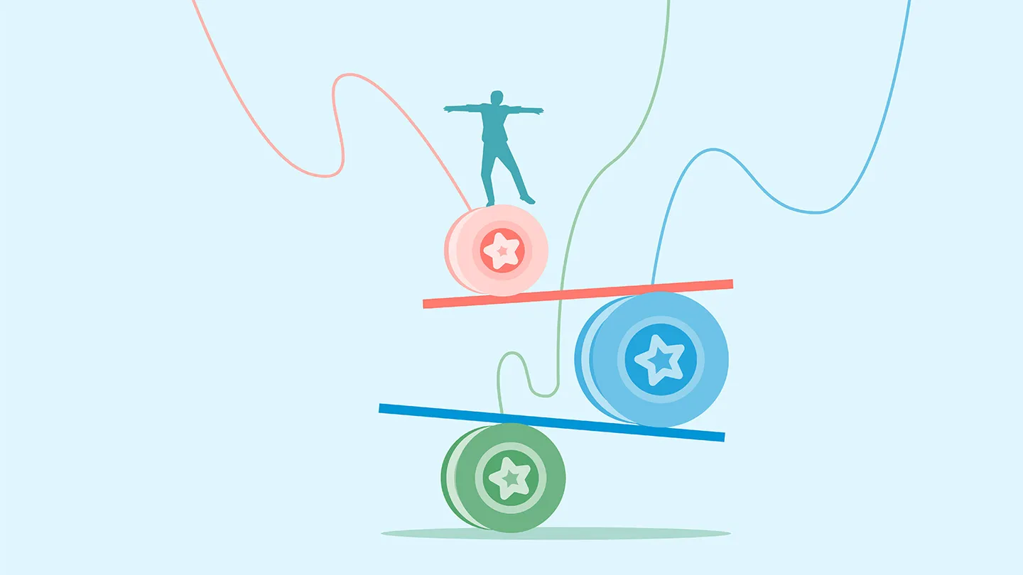 person silhouette balancing on three colorful yo-yo's different heights and sizes string lengths