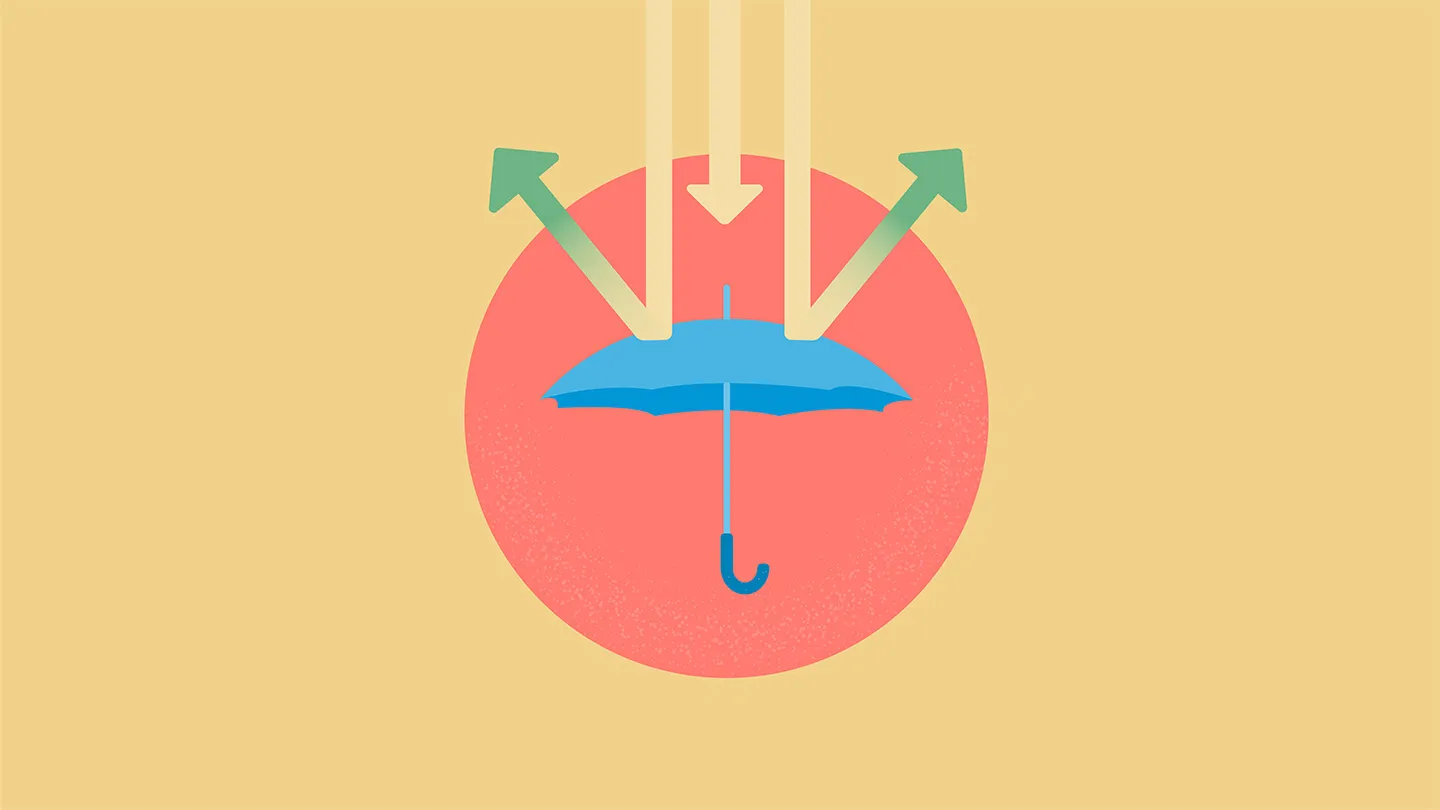 umbrella in front of darker pink coral red circle with yellow arrows bouncing off umbrella heading away turning green