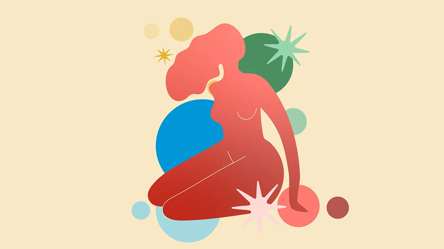 illustrated woman sitting with colorful sparks and circles around