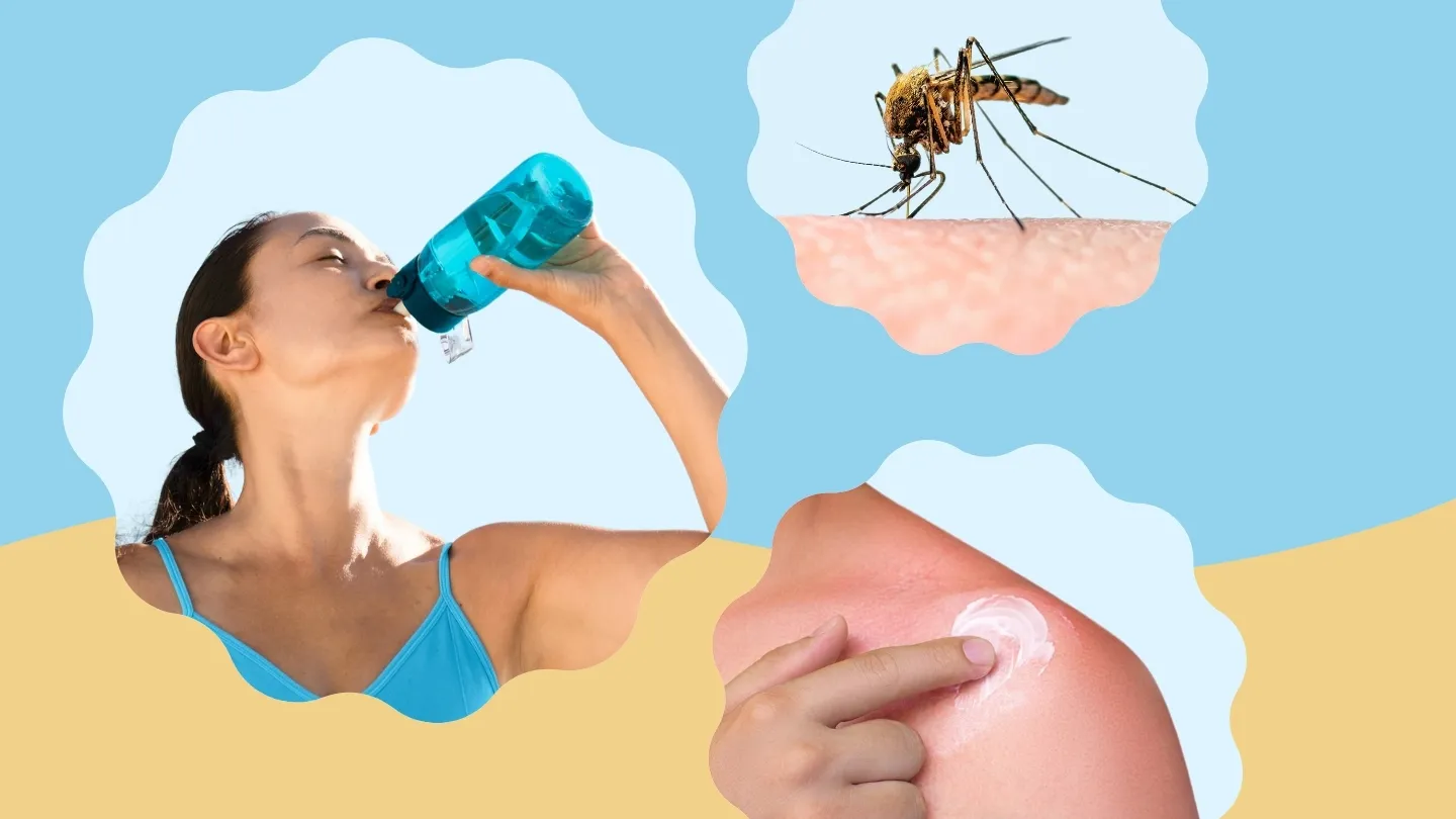 woman drinking water, sunburn and mosquito bite