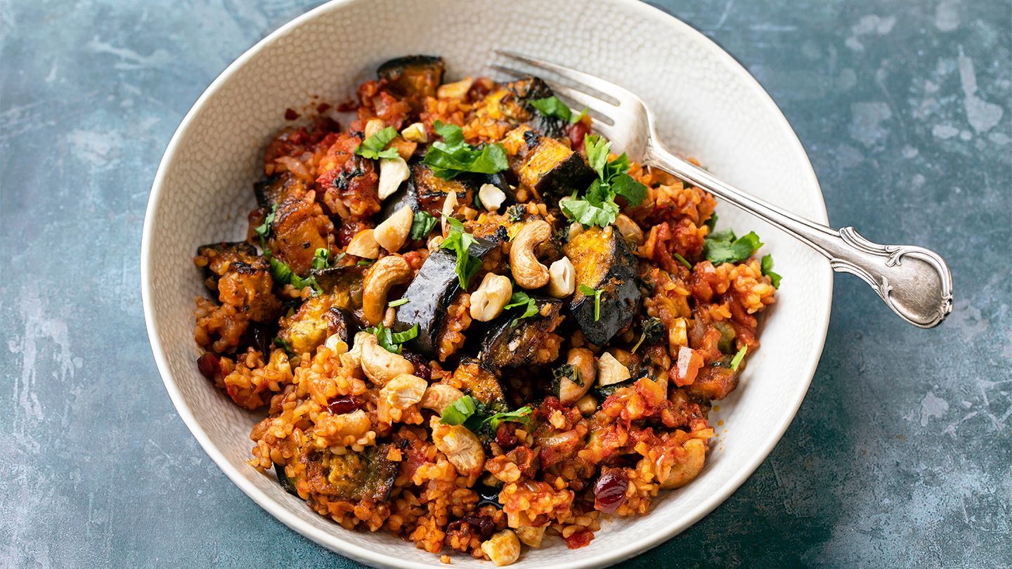 eggplant tagine with bulgur and cashews