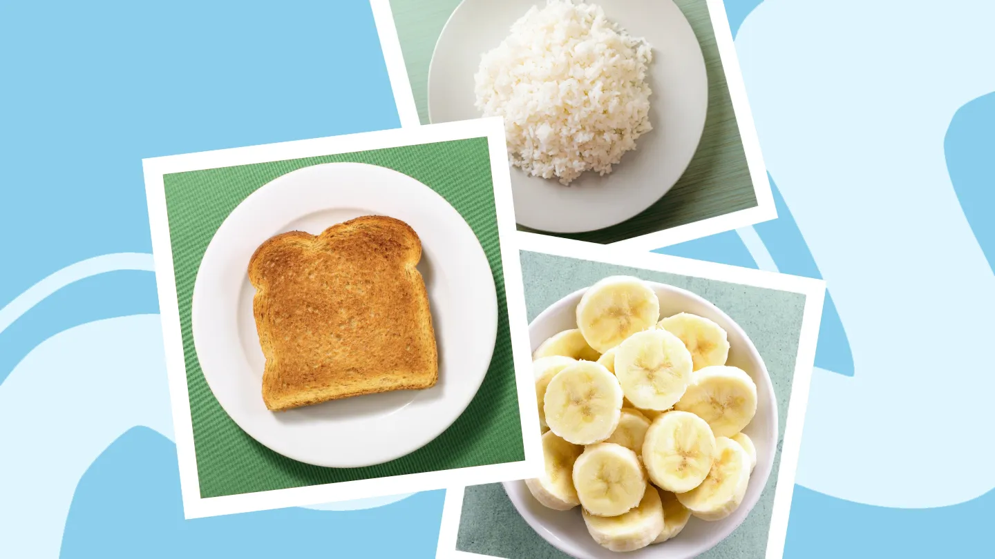 white rice, plain white toast, banana slices