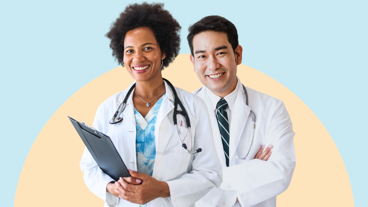 Black female doctor and Asian male doctor portraits